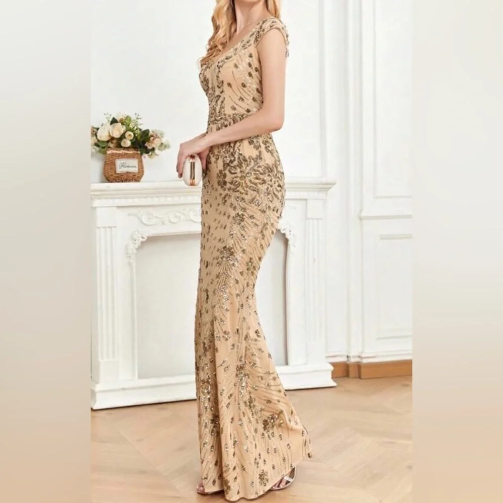 Luxe V neck sequin formal evening party dress - Picture 6 of 9